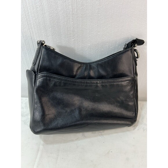 Black Leather Handbag, unbranded, Zippered Pockets - Picture 1 of 5